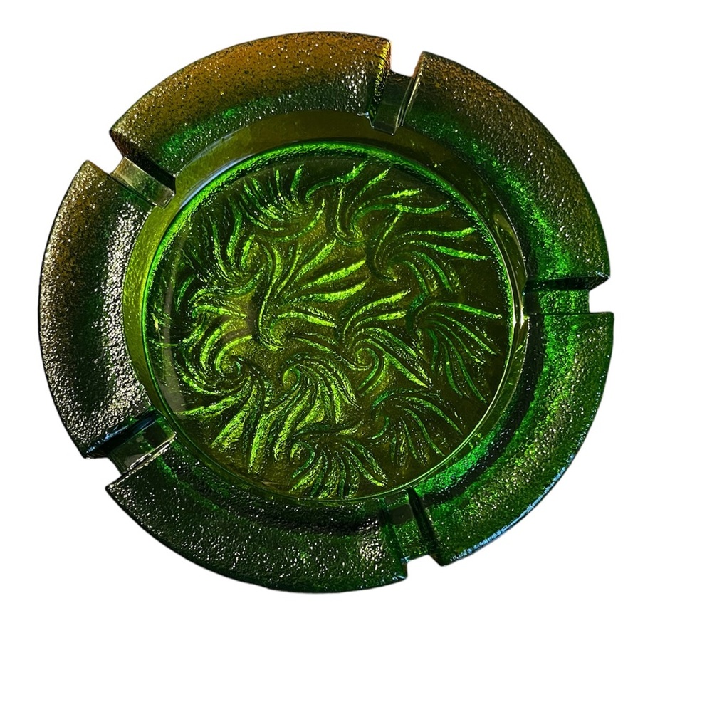 Vintage L. E. Smith Sand & Scroll Green Glass Ashtray, Catch All, Ring Dish MCM